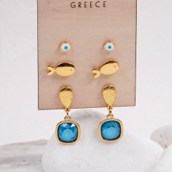 Σετ 3 Επίχρυσα Σκουλαρίκια - Azure Blue Κρύσταλλα & Σμάλτο Σετ 3 Επίχρυσα Σκουλαρίκια - Azure Blue Κρύσταλλα & Σμάλτο με επιμετάλλωση χρυσού 24Κ