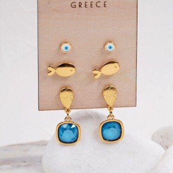Σετ 3 Επίχρυσα Σκουλαρίκια - Azure Blue Κρύσταλλα & Σμάλτο