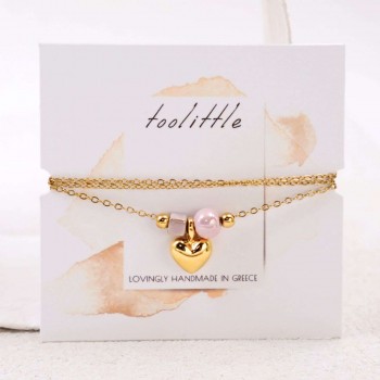 Χειροποίητο Επίχρυσο Κολιέ: Καρδιά & Κεραμικές Χάντρες