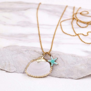 Επίχρυσο Μακρύ Κολιέ | Sea Shell & Enamelled Starfish 