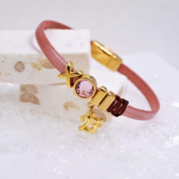 Δερμάτινο Βραχιόλι Γούρι με Κρύσταλλο Swarovski - Salmon