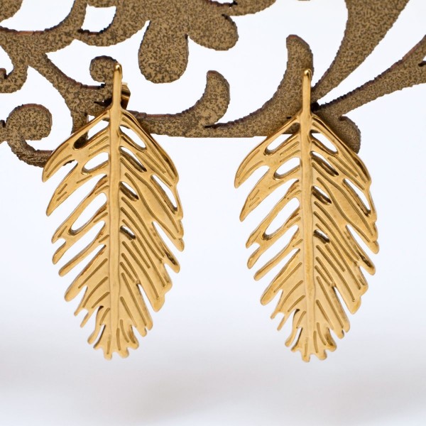 Stainless Steel Leaf Drop Earrings Stainless Steel Leaf Drop Earrings with 24K gold plating