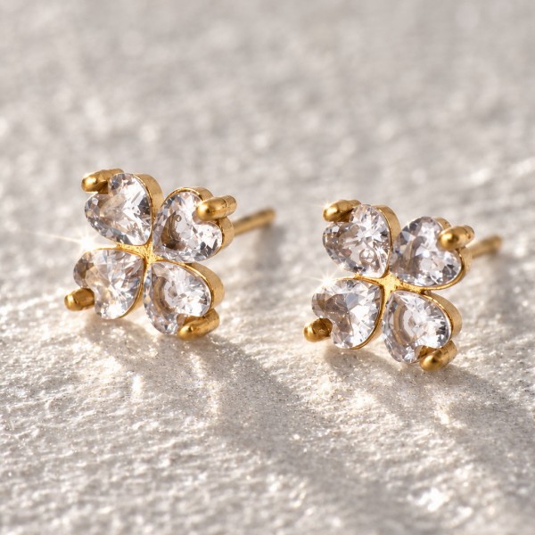 Stainless Steel Four-Leaf Clover Stud Earrings with Zircons Stainless Steel Four-Leaf Clover Stud Earrings with Zircons and 24K gold-plating