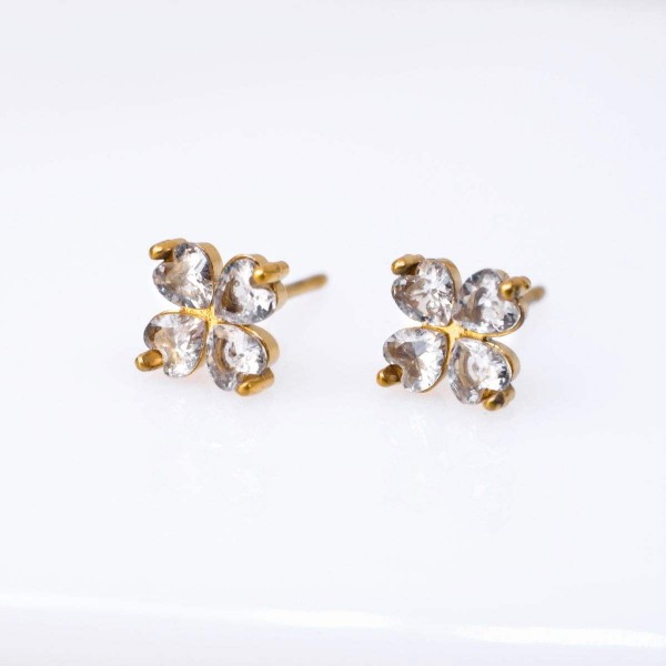 Stainless Steel Four-Leaf Clover Stud Earrings with Zircons Stainless Steel Four-Leaf Clover Stud Earrings with Zircons and 24K gold-plating