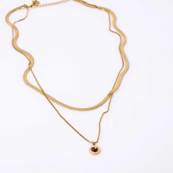 Layered Stainless Steel Necklace with Crystal and 24K gold plating 