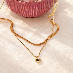 Layered Stainless Steel Necklace with Crystal and 24K gold plating 