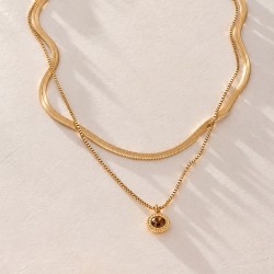 Layered Stainless Steel Necklace with Crystal and 24K gold plating 