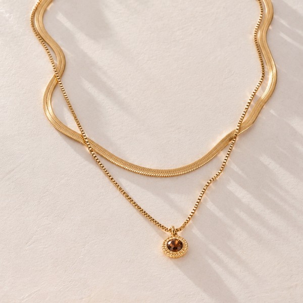 Layered Stainless Steel Necklace with Crystal and 24K gold plating 