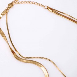 Layered Stainless Steel Necklace with Crystal and 24K gold plating 